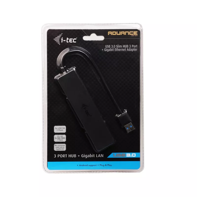 i-tec Advance USB 3.0 plonas 3 prievadų USB HUB su Gigabit Ethernet adapteriu, juodas
