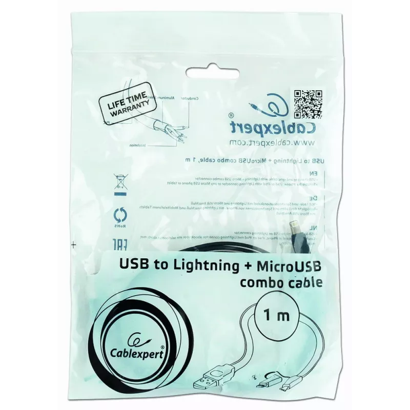 GEMBIRD USB į Apple Lightning ir Micro USB įkrovimo kombinacija laidas 1m - Juoda