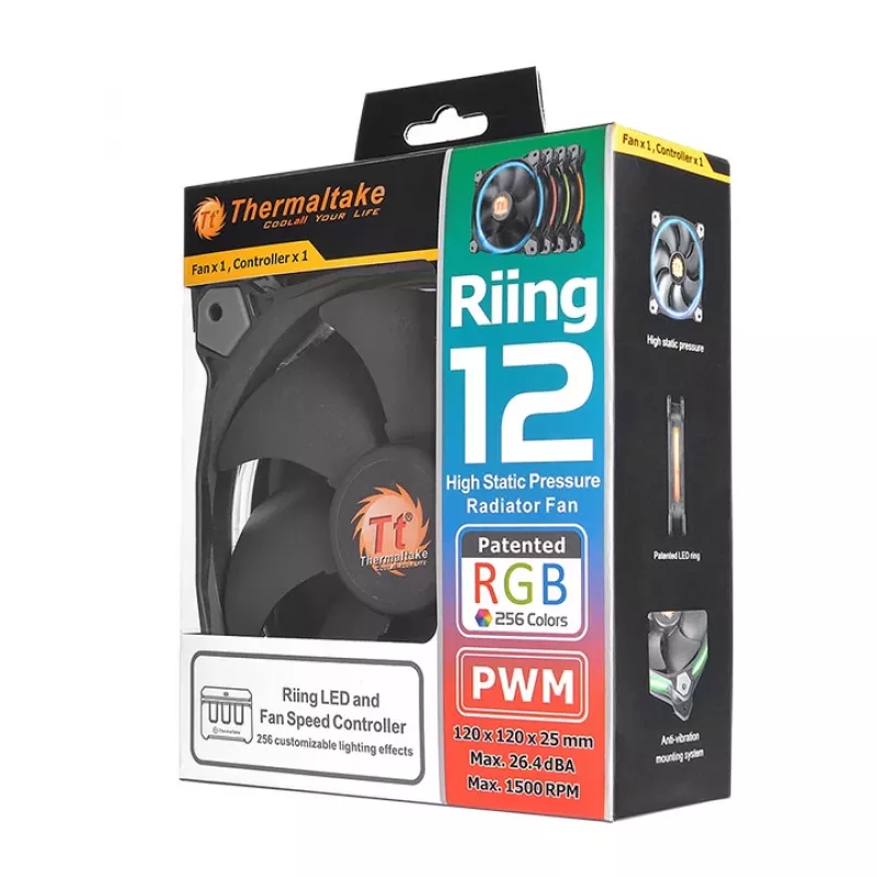 THERMALTAKE Riing 12 LED RGB 256 spalvų aukšto statinio slėgio radiatoriaus ventiliatorius (3 vnt. rinkinys)