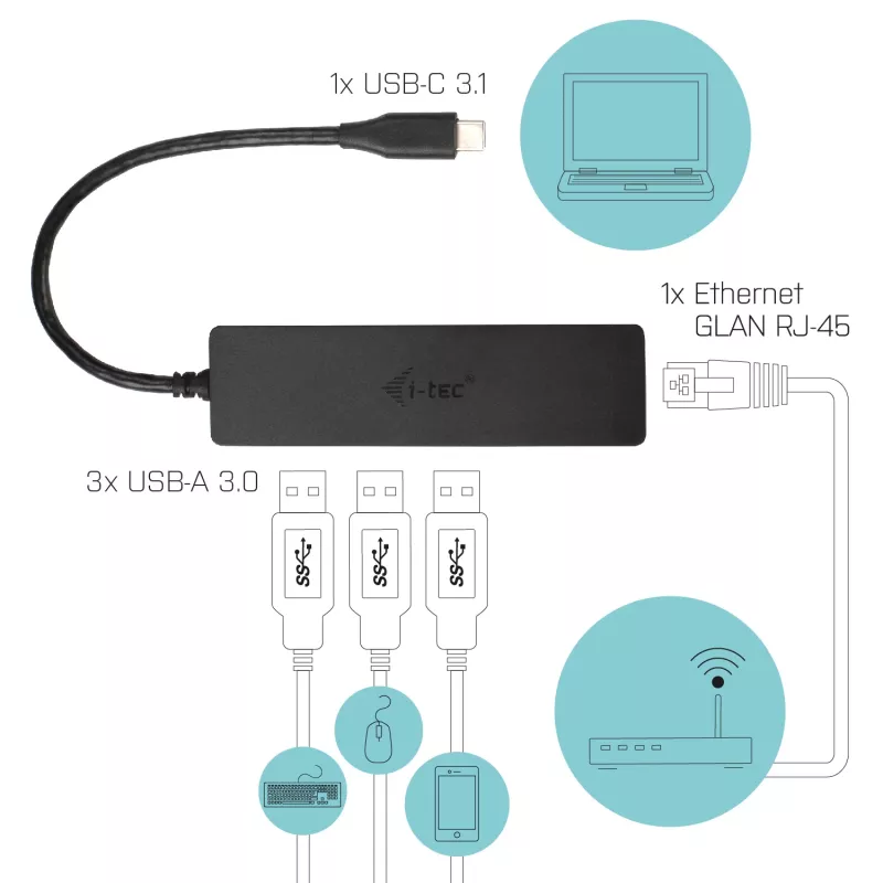 i-tec Advance USB-C Slim Passive HUB 3 prievadai + Gigabit Ethernet adapteris
