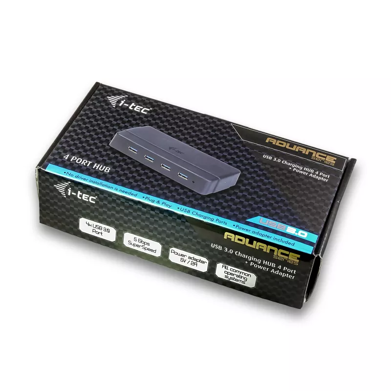i-tec USB 3.0 įkrovimo šakotuvas 4 prievadai su maitinimo adapteriu USB 3.2 Gen 1 Type-B