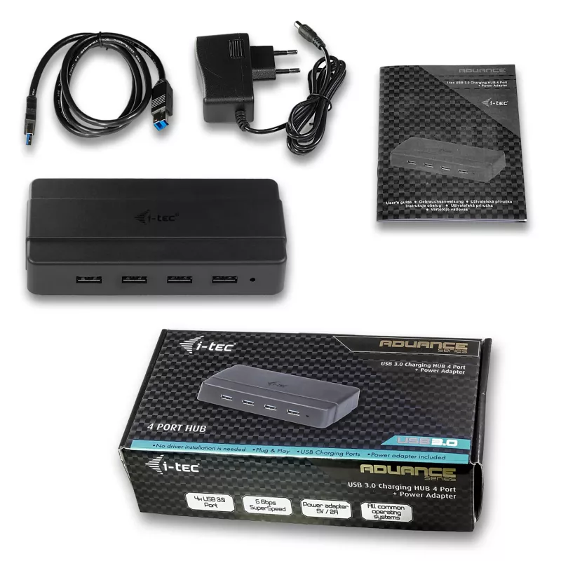 i-tec USB 3.0 įkrovimo šakotuvas 4 prievadai su maitinimo adapteriu USB 3.2 Gen 1 Type-B