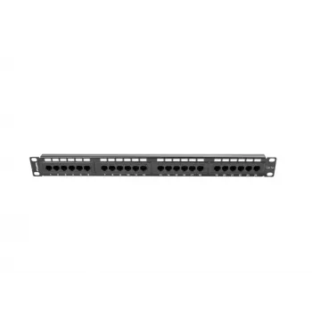 Pataisų skydas 1U LANBERG PPU5-1024-B — 24 prievadų CAT5e, metalinis, juodas, 445×32,5×44,5 mm