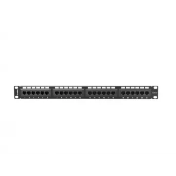 Pataisų skydas 1U LANBERG PPU5-1024-B — 24 prievadų CAT5e, metalinis, juodas, 445×32,5×44,5 mm