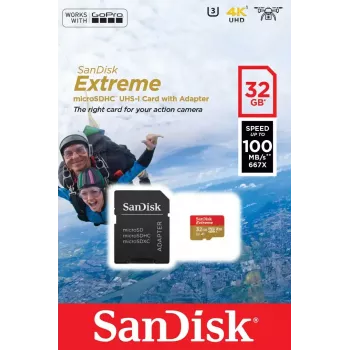 WESTERN DIGITAL SanDisk micro SDXC Extreme 32GB (A1/ V30/ U3/ UHS-I/ Cl.10/ R100/ W60) su adapteriu veiksmo kameroms