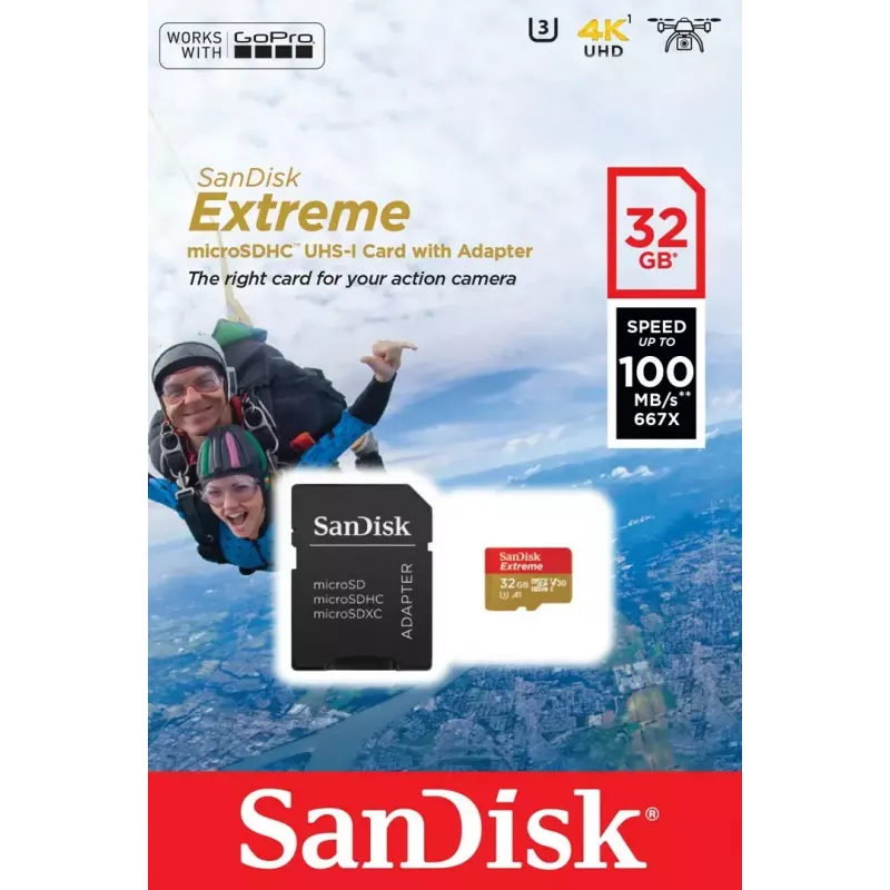 WESTERN DIGITAL SanDisk micro SDXC Extreme 32GB (A1/ V30/ U3/ UHS-I/ Cl.10/ R100/ W60) su adapteriu veiksmo kameroms