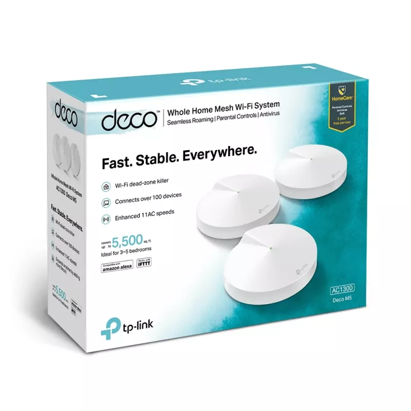 TP-Link AC1300 Deco M5 belaidžio tinklo maršrutizatorių rinkinys (3 vnt.), balta, vidinė antena, tinklo sistema, dviejų juostų (2,4 GHz / 5 GHz), Wi-Fi 5 (802.11ac), 1300 Mbit/s