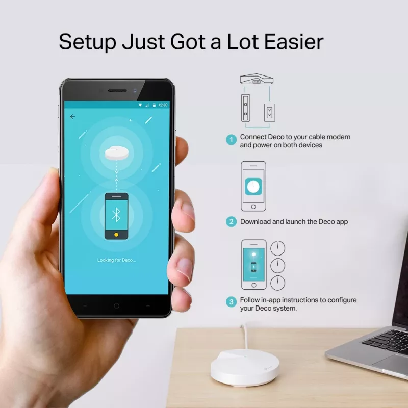 TP-Link AC1300 Deco M5 belaidžio tinklo maršrutizatorių rinkinys (3 vnt.), balta, vidinė antena, tinklo sistema, dviejų juostų (2,4 GHz / 5 GHz), Wi-Fi 5 (802.11ac), 1300 Mbit/s