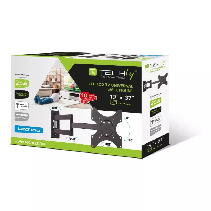 Techly ICA-LCD 2903 Sieninis laikiklis televizoriui 19-37 colių, pakreipiamas, 3 sąnariai, juodas