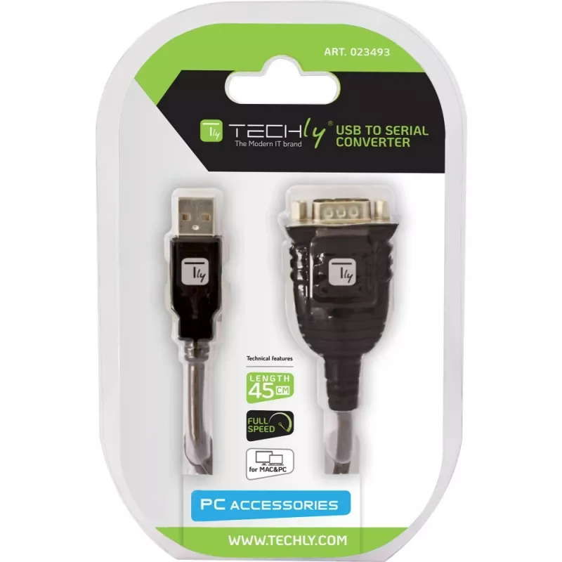 USB į RS232 adapteris Techly IDATA USB-SER-2T, USB-A (vyras) į DB-9 (vyras), 0,45 m, permatomai balta