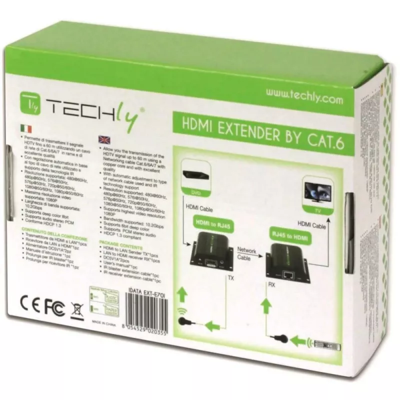 Techly EXT-E70I HDMI prailgintuvas per Cat.5E/6/6A/7 iki 60 m su automatiniu reguliavimu
