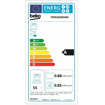 Beko FSE52320DWD laisvai pastatoma viryklė, 4 degiklių dujinė kaitlentė, elektrinė orkaitė 55 L, balta