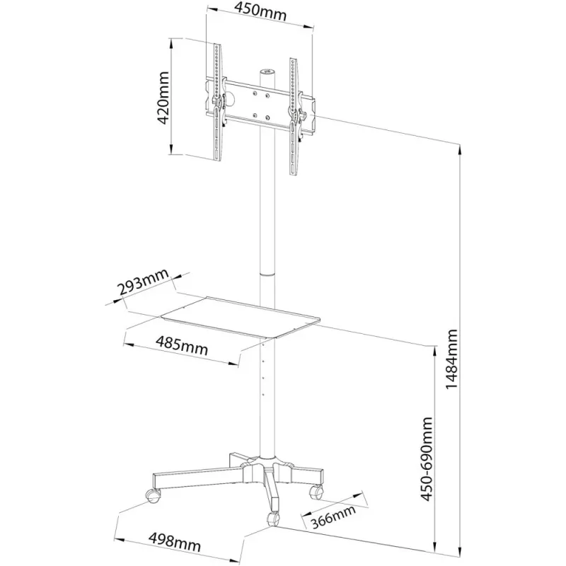 Techly Trolley Floor Stand LCD/LED/Plasma 23–55 col., 58,4 cm (23 col.), 139,7 cm (55 col.), 50 x 50 mm, 400 x 400 mm, -15–15°, juoda
