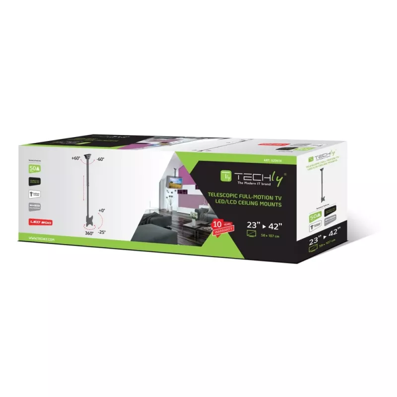 Techly teleskopinis lubų laikiklis iki 1,6m LED TV LCD 23-42 col. ICA-CPLB 922L