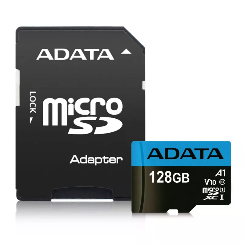 ADATA 128 GB microSDXC UHS-I Class 10 atminties kortelė – 85 MB/s skaitymas, 25 MB/s rašymas, atspari vandeniui, su SD adapteriu