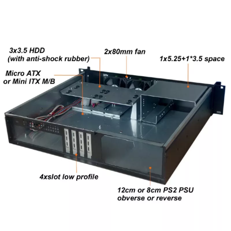 Serverio korpusas TECHLY I-CASE IPC-240L, 2U, micro ATX, 4x 3,5 colio vietos, 1x 5,25 colio vieta, 465x400x88,8 mm, juodas