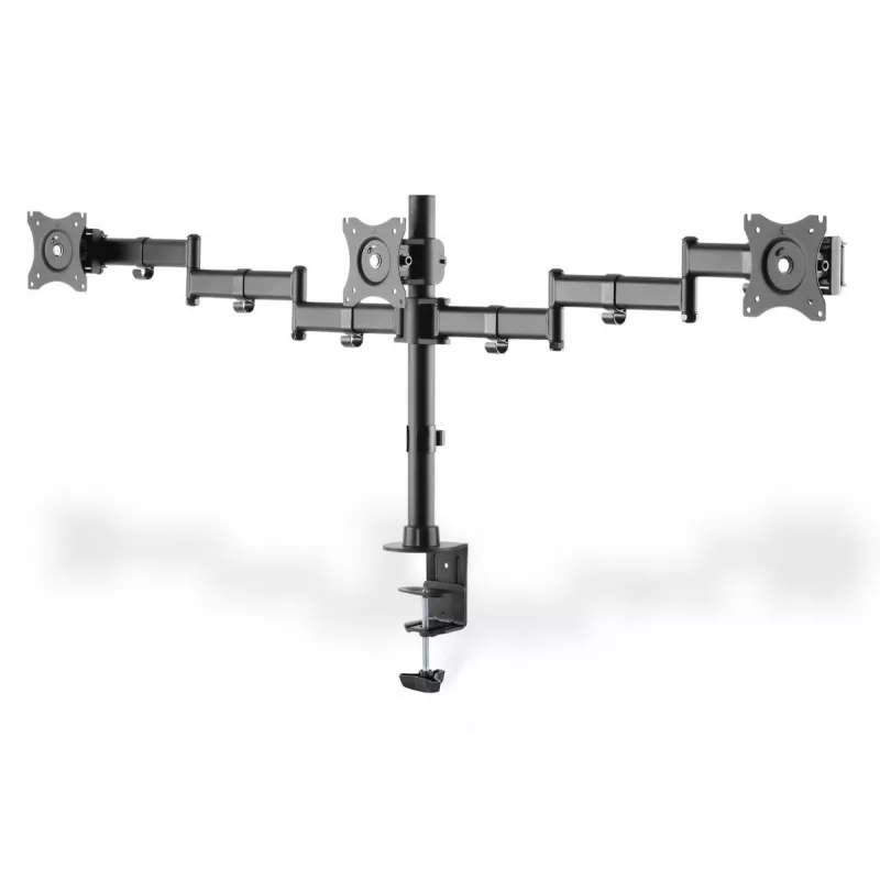 DIGITUS Trivietis monitoriaus laikiklis su spaustuku, juodas, 90° pasukimas, 45° pakreipimas, 360° sukimas, 15-27 colių TFT, maks. apkrova 3x8 kg, VESA max 100x100