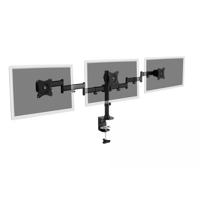 DIGITUS Trivietis monitoriaus laikiklis su spaustuku, juodas, 90° pasukimas, 45° pakreipimas, 360° sukimas, 15-27 colių TFT, maks. apkrova 3x8 kg, VESA max 100x100
