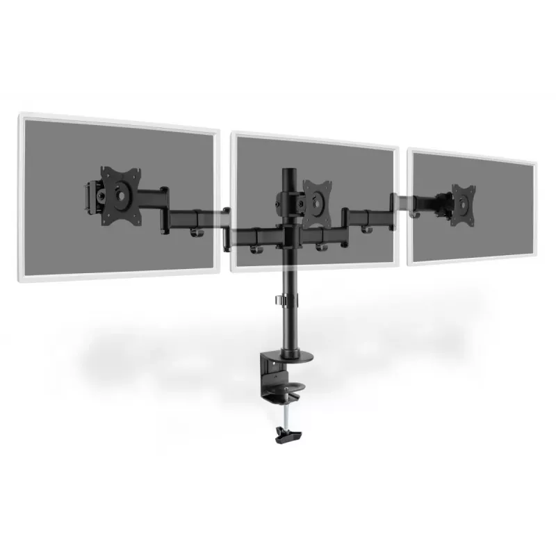 DIGITUS Trivietis monitoriaus laikiklis su spaustuku, juodas, 90° pasukimas, 45° pakreipimas, 360° sukimas, 15-27 colių TFT, maks. apkrova 3x8 kg, VESA max 100x100
