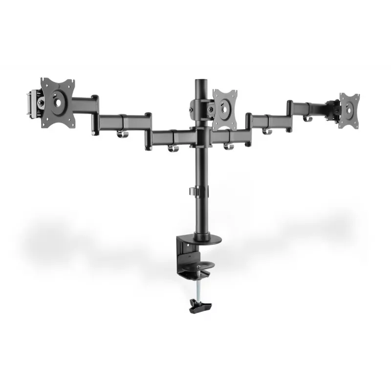 DIGITUS Trivietis monitoriaus laikiklis su spaustuku, juodas, 90° pasukimas, 45° pakreipimas, 360° sukimas, 15-27 colių TFT, maks. apkrova 3x8 kg, VESA max 100x100
