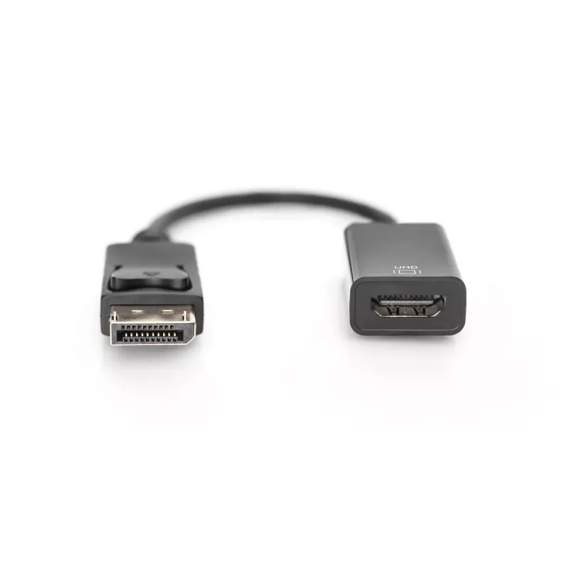DIGITUS ASSMANN aktyvus DisplayPort-HDMI adapterio kabelis, DP - HDMI A tipo M/F, 20 cm su fiksatoriumi, HDMI 2.0, CE, auksuotas, juodas