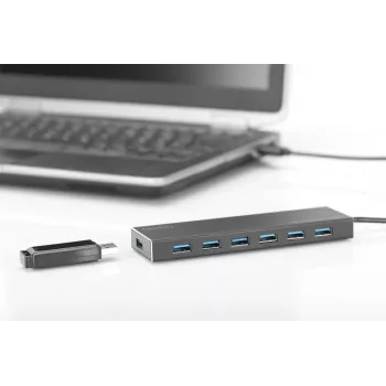 DIGITUS USB 3.0 7 prievadų šakotuvas su maitinimo adapteriu 5V/3,5A, aliuminio korpusas