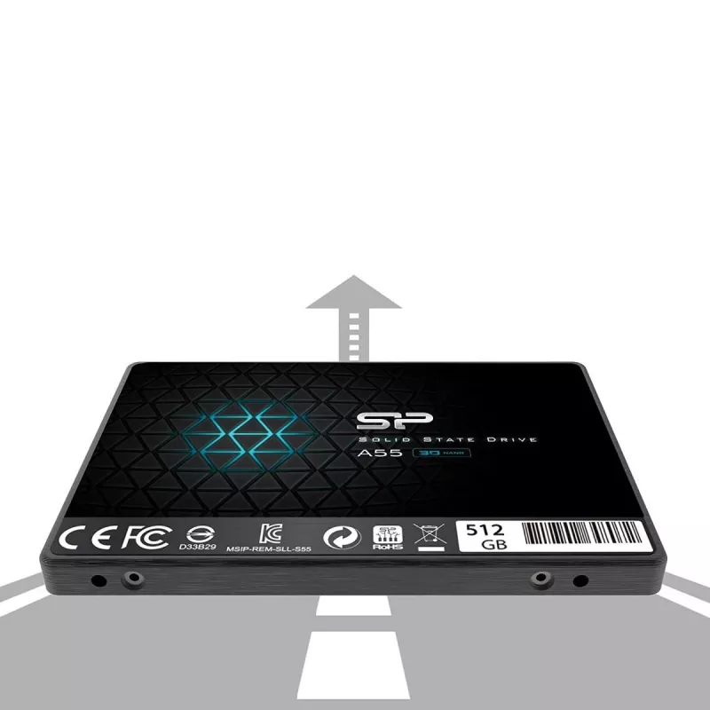 2,5 colio SATA III SSD Silicon Power Ace A55 — 512 GB, 3D TLC, iki 560/530 MB/s, 7 mm, Juoda