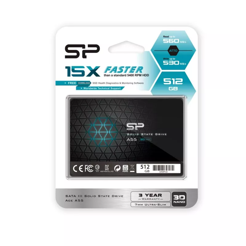 2,5 colio SATA III SSD Silicon Power Ace A55 — 512 GB, 3D TLC, iki 560/530 MB/s, 7 mm, Juoda