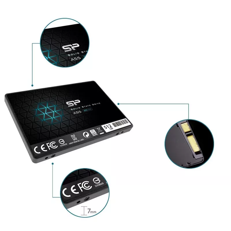 2,5 colio SATA III SSD Silicon Power Ace A55 — 512 GB, 3D TLC, iki 560/530 MB/s, 7 mm, Juoda