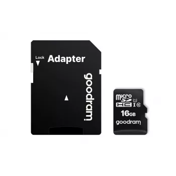 „GOODRAM“ MicroSDHC 16 GB atminties kortelė, 10 klasė, UHS-I (U1), skaitymas 100 MB/s, rašymas 10 MB/s, su SD adapteriu
