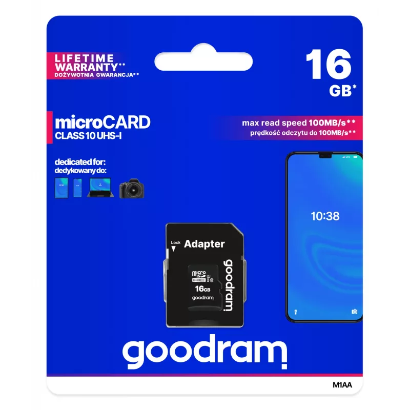 „GOODRAM“ MicroSDHC 16 GB atminties kortelė, 10 klasė, UHS-I (U1), skaitymas 100 MB/s, rašymas 10 MB/s, su SD adapteriu