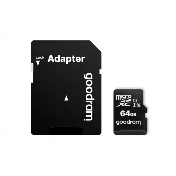 MicroSDXC atminties kortelė GOODRAM 64GB UHS‑I Class 10 (U1), skaitymas 100 MB/s, rašymas 10 MB/s, su SD adapteriu, juoda