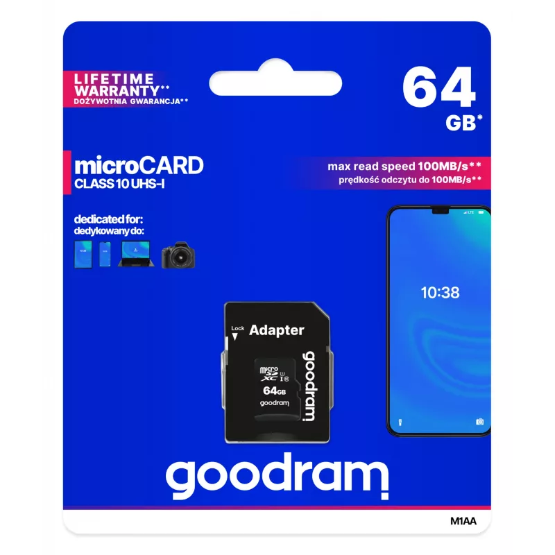 MicroSDXC atminties kortelė GOODRAM 64GB UHS‑I Class 10 (U1), skaitymas 100 MB/s, rašymas 10 MB/s, su SD adapteriu, juoda