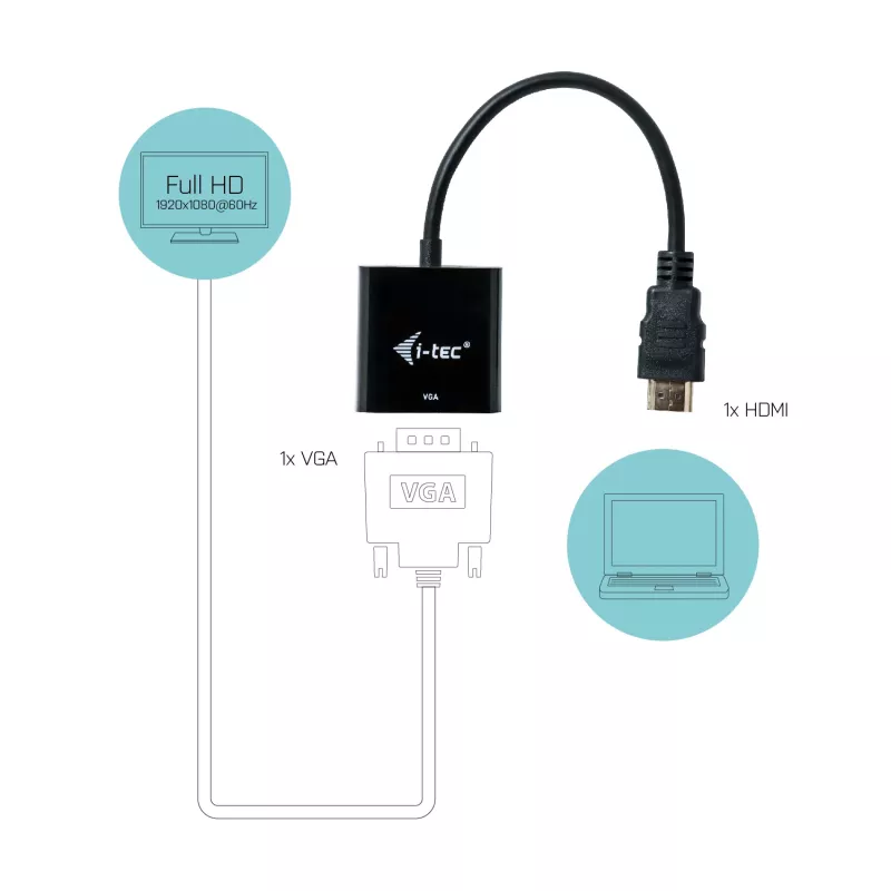 i-tec HDMI į VGA kabelio adapteris, 0,15 m, HDMI, VGA, vyriškas, moteriškas, 1920 x 1080 pikseliai