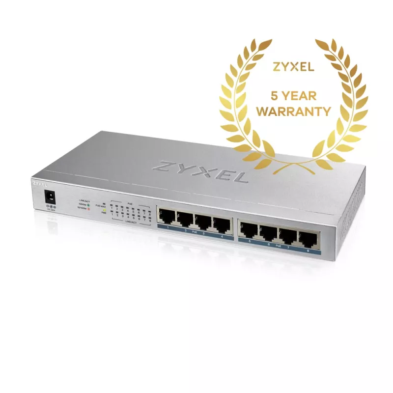 Zyxel GS1008HP nevaldomas Gigabit Ethernet jungiklis su PoE, pilka spalva