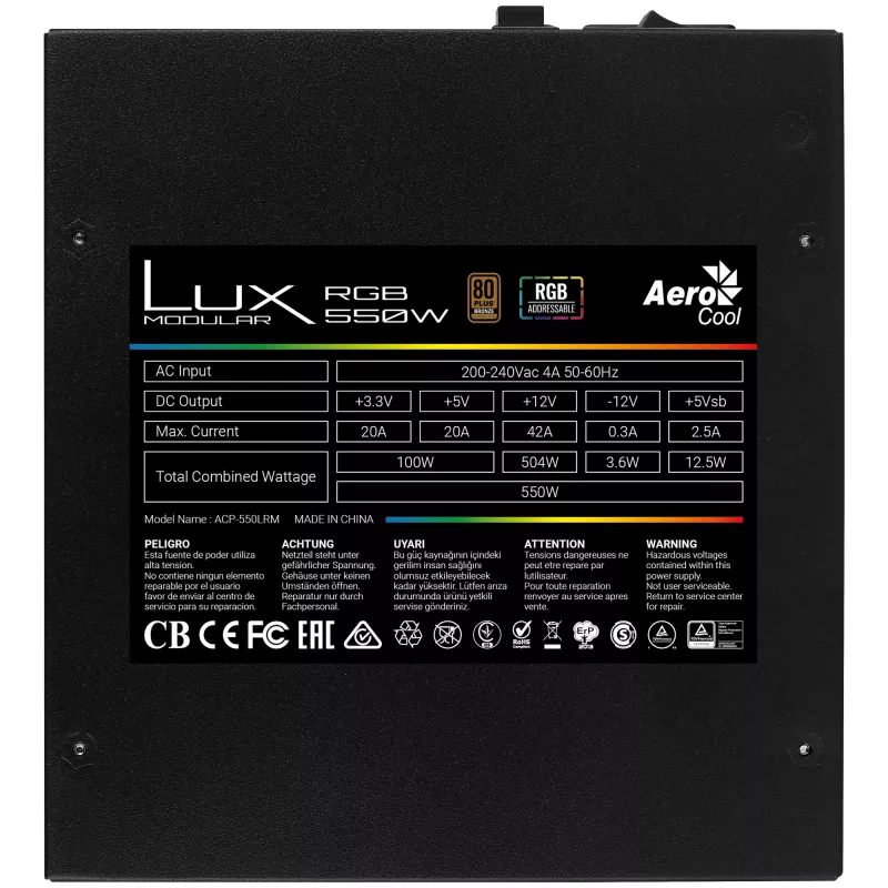 Aerocool LUXRGB550M 550W 80Plus Bronzinis pusiau modulinis maitinimo šaltinis RGB LED