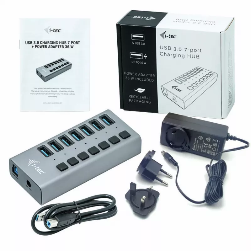 i-tec USB 3.0 įkrovimo stotelė 7 prievadai + 36 W maitinimo adapteris