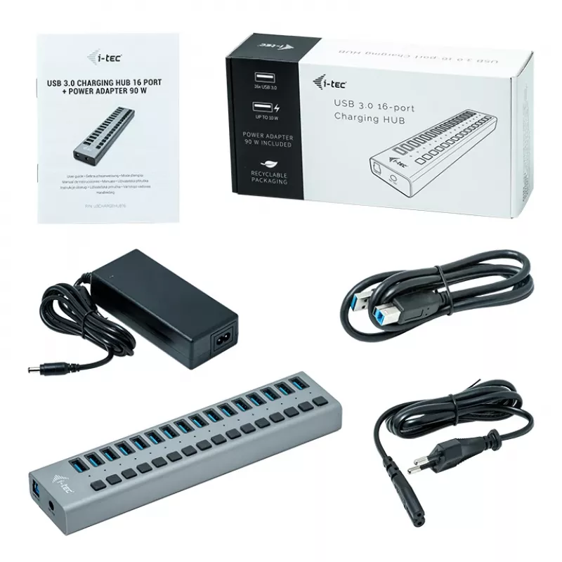 i-tec USB 3.0 įkrovimo HUB 16 prievadų + 90 W maitinimo adapteris