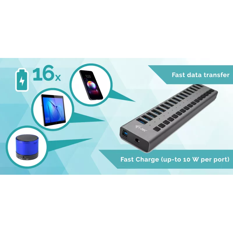 i-tec USB 3.0 įkrovimo HUB 16 prievadų + 90 W maitinimo adapteris