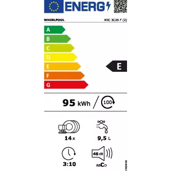 Pusiau įmontuojama indaplovė WHIRLPOOL WIC 3C26 F — 60 cm, 14 komplektų, 46 dB, energijos klasė E