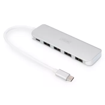 DIGITUS USB-C HUB 4 prievadai PD 4x USB 3.0, 1x PD įkrovimas, pilka