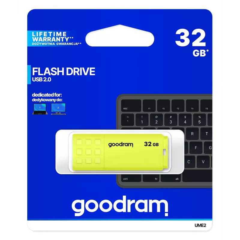 USB atmintukas GOODRAM UME2 32 GB USB Type-A 2.0, skaitymas 20 MB/s, rašymas 5 MB/s, geltonas