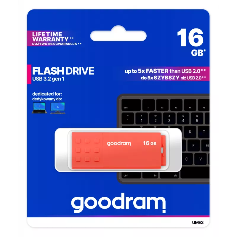 USB atmintukas GOODRAM UME3 16 GB USB Type-A 3.2 Gen 1 (oranžinis), 60/20 MB/s, korpusas be dangtelio