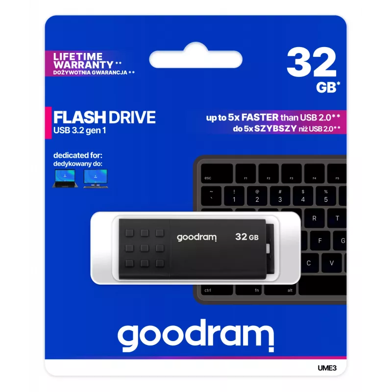 USB atmintukas GOODRAM UME3 32 GB, USB Type-A 3.2 Gen 1, juodas, 51×21×9.6 mm