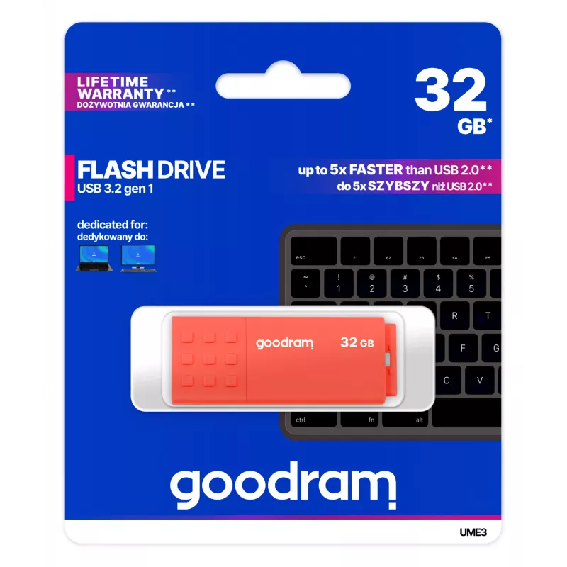 USB atmintukas GOODRAM UME3 32GB USB-A 3.2 Gen 1, oranžinis, 59,6×20,6×9,2 mm
