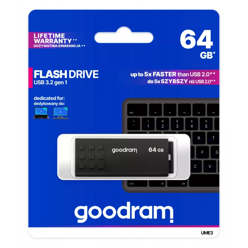 USB atmintukas GOODRAM UME3 64 GB, USB Type-A 3.2 Gen 1, skaitymas 60 MB/s, rašymas 20 MB/s, juodas