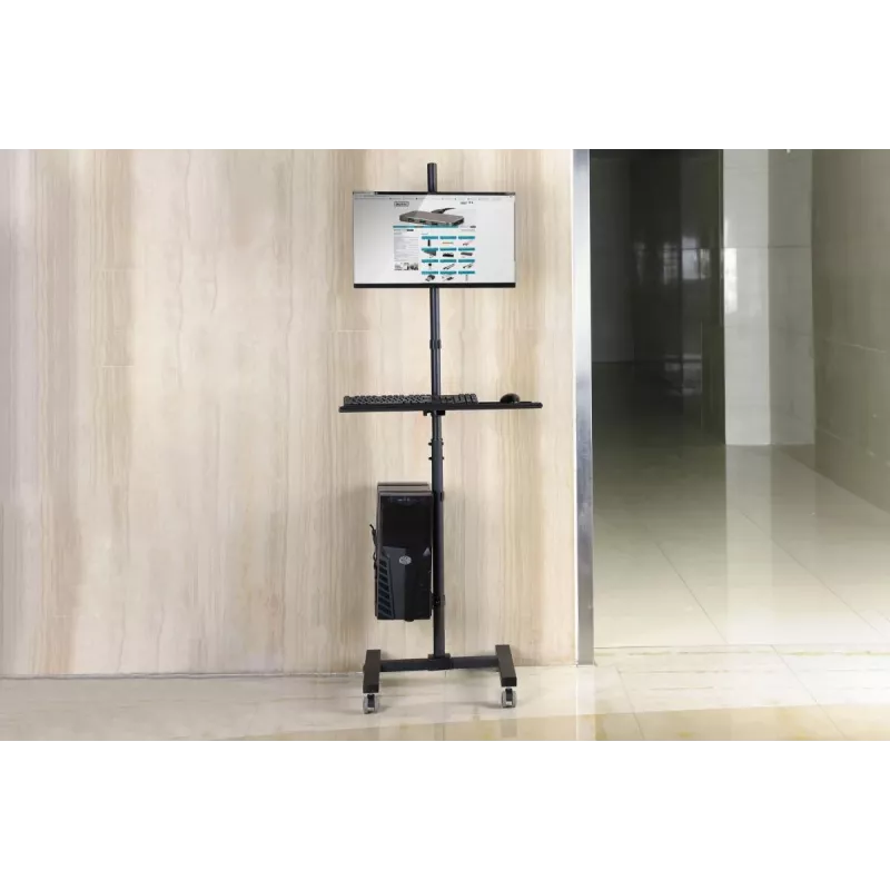 DIGITUS DA-90374 Mobilioji darbo stotis su monitoriaus laikikliu ir PC dėklu, iki 8 kg, 32 colių ekranui - juoda