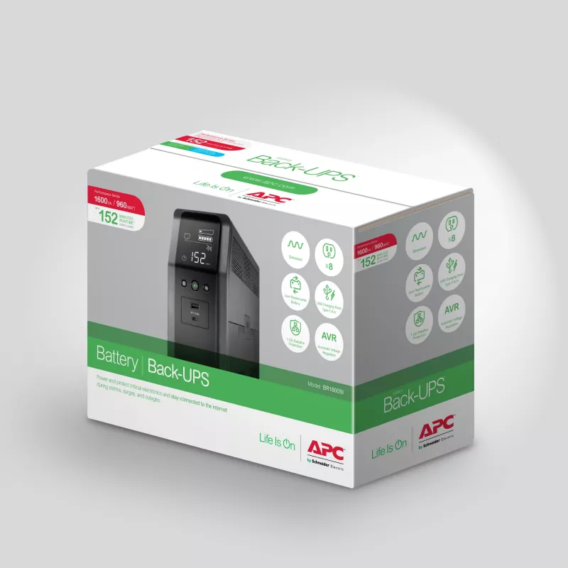 APC Back-UPS Pro 1600VA/960W bokštinis UPS, 230V, 8x IEC C13 lizdai, sinusinė banga, AVR, USB Type A + C prievadai, LCD, keičiama baterija