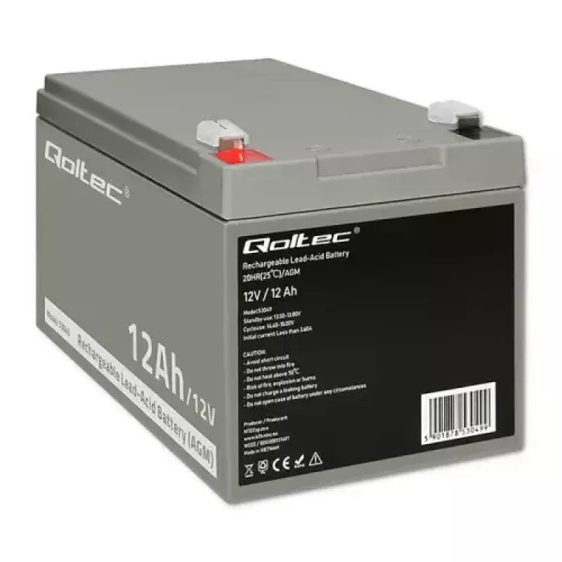 Akumuliatorius UPS QOLTEC 53049, VRLA AGM 12 V 12 Ah, pilka, 150×98×95 mm
