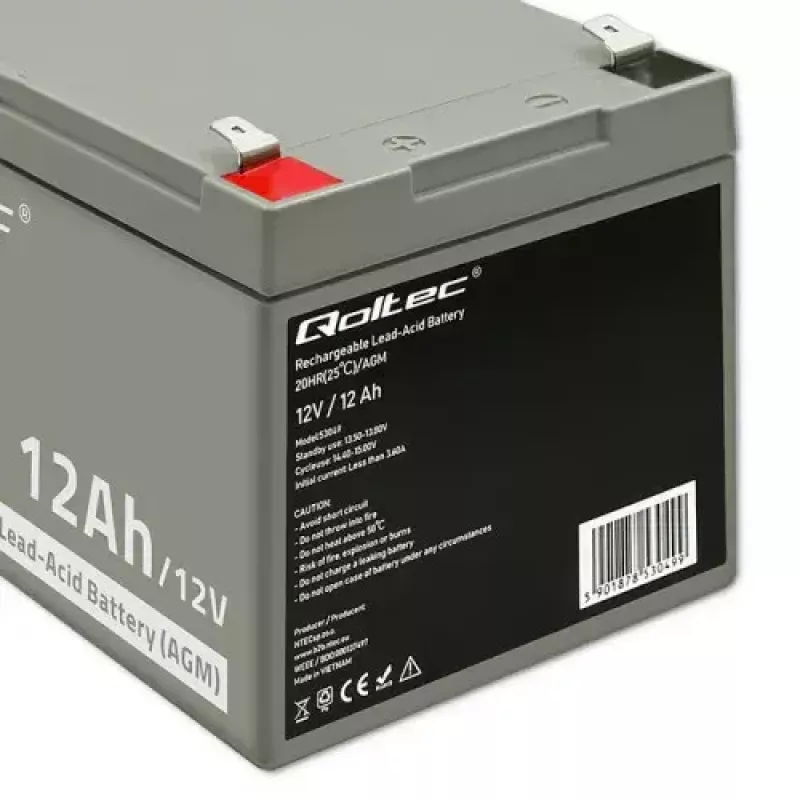 Akumuliatorius UPS QOLTEC 53049, VRLA AGM 12 V 12 Ah, pilka, 150×98×95 mm